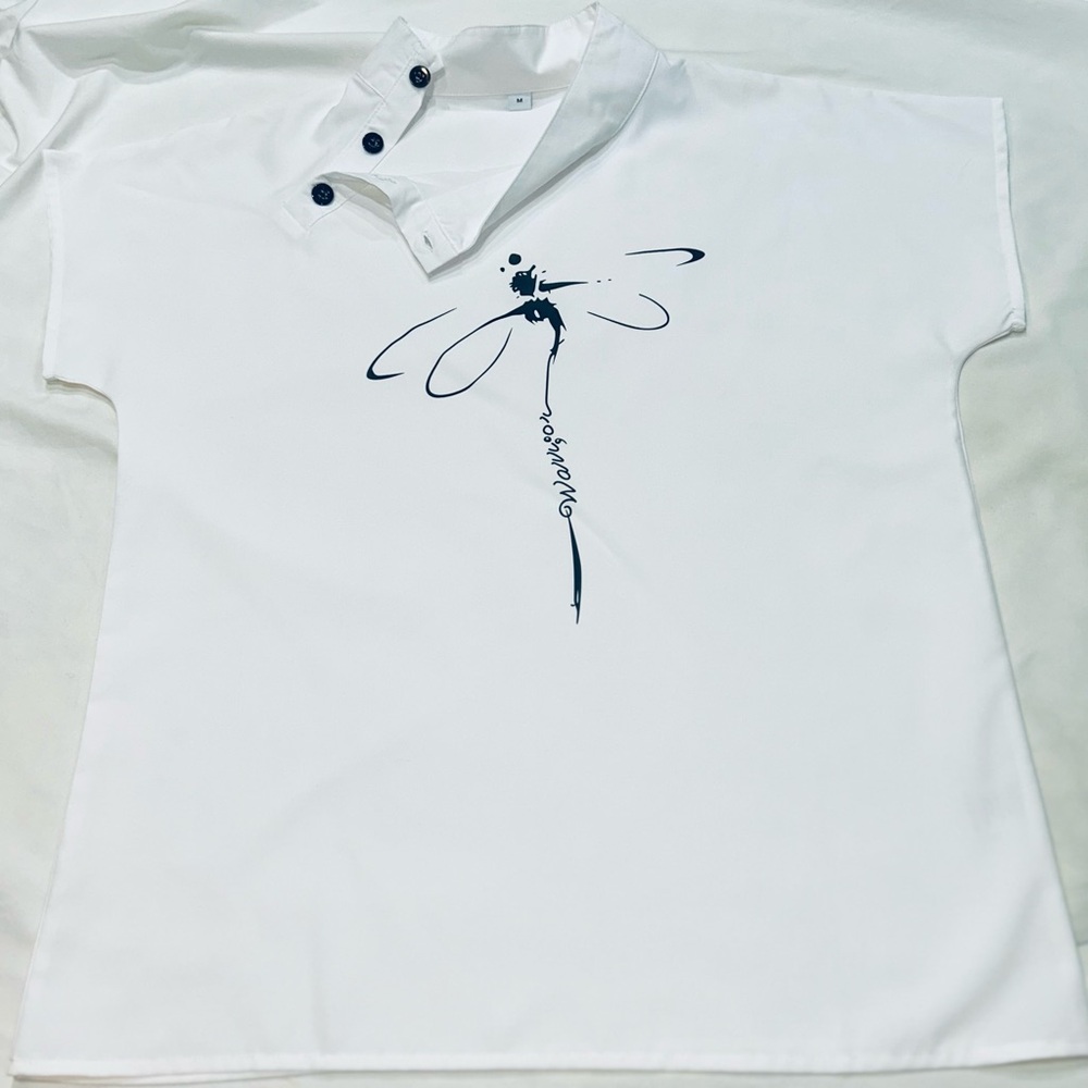 Noracora "Warrior" Dragonfly Blouse White Button Collar Short Sleeve Top Size M